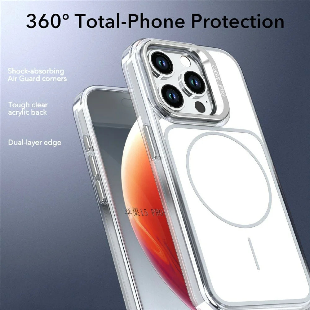 For iPhone 15 Pro Magnetic Case Matching Color Lens Kickstand TPU PC Phone Cover Compatible with MagSafe - White - 5
