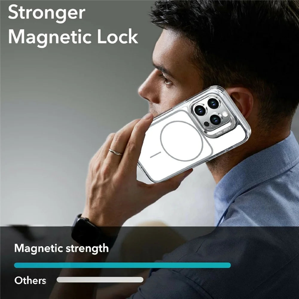 For iPhone 15 Pro Magnetic Case Matching Color Lens Kickstand TPU PC Phone Cover Compatible with MagSafe - White - 6
