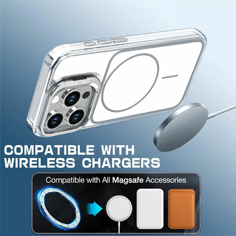 For iPhone 15 Pro Max Magnetic Case Matching Color Lens Kickstand TPU PC Phone Cover Compatible with MagSafe - White - 4