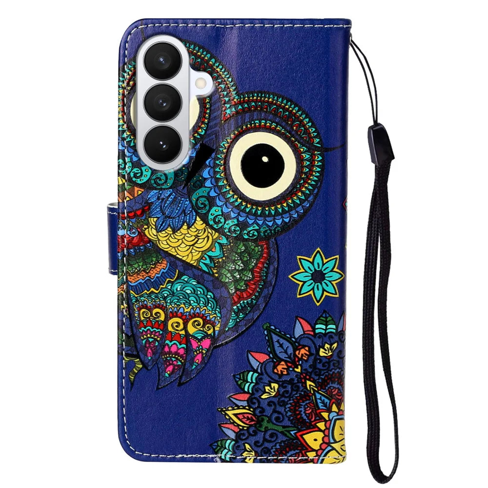 For Samsung Galaxy S26+ Case Pattern Leather Wallet Phone Cover with Strap - Blue Owl - 2