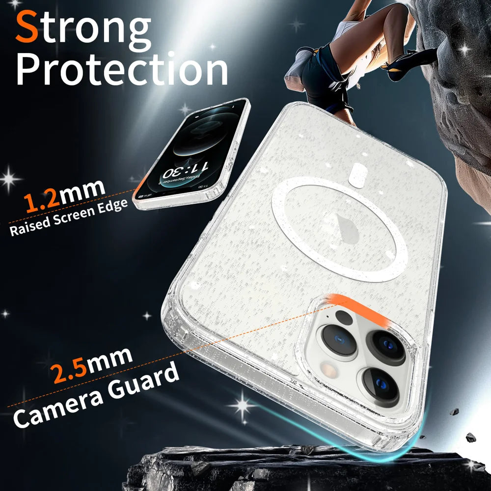 For iPhone 12 Pro Max Magnetic Case Glitter Design TPU PC PET Drop Proof Phone Cover - Transparent - 4