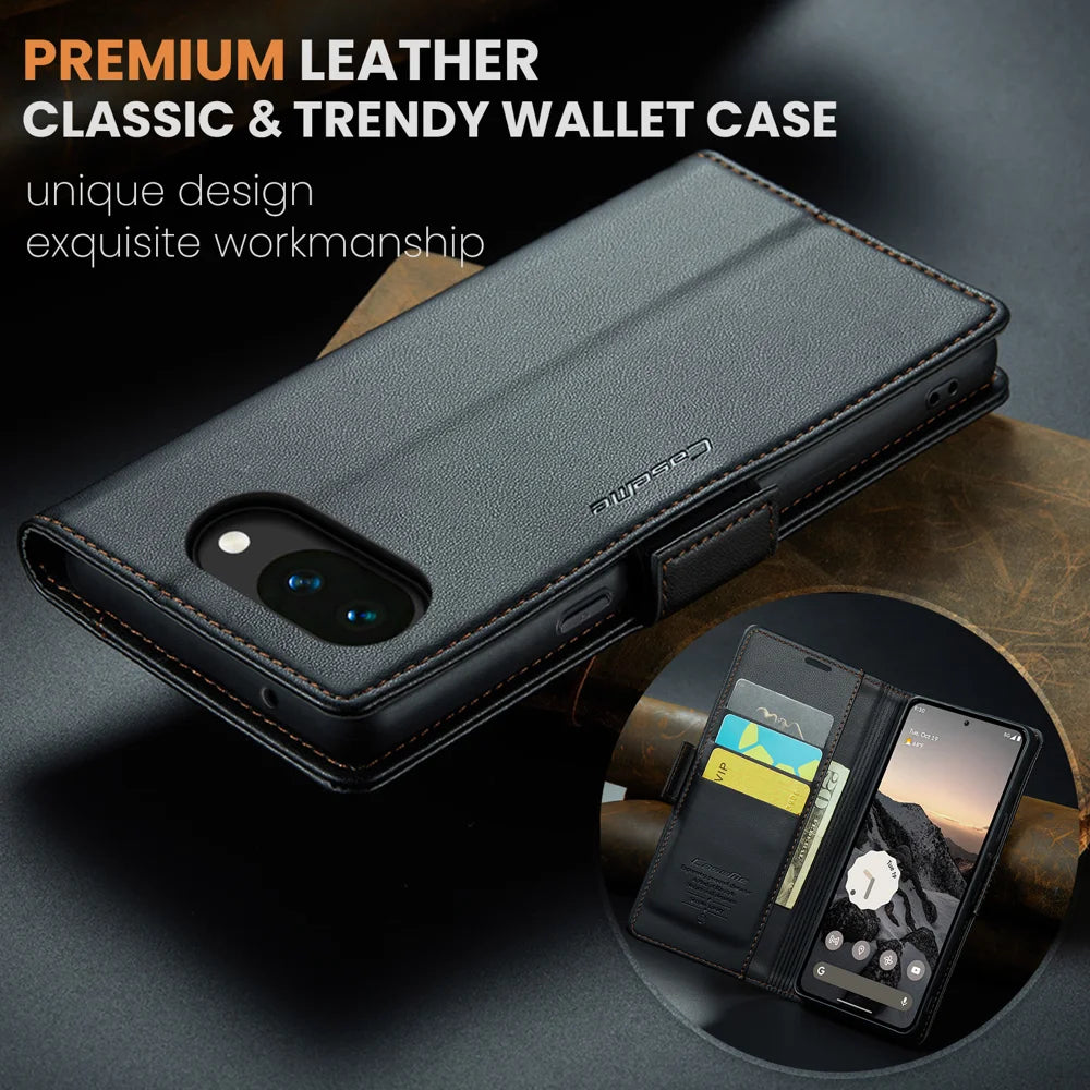 CASEME For Google Pixel 10a Case  023 Series RFID Blocking Wallet Stand Glossy Litchi Texture Leather Phone Cover - Black - 4