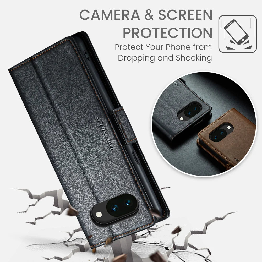 CASEME For Google Pixel 10a Case  023 Series RFID Blocking Wallet Stand Glossy Litchi Texture Leather Phone Cover - Black - 6