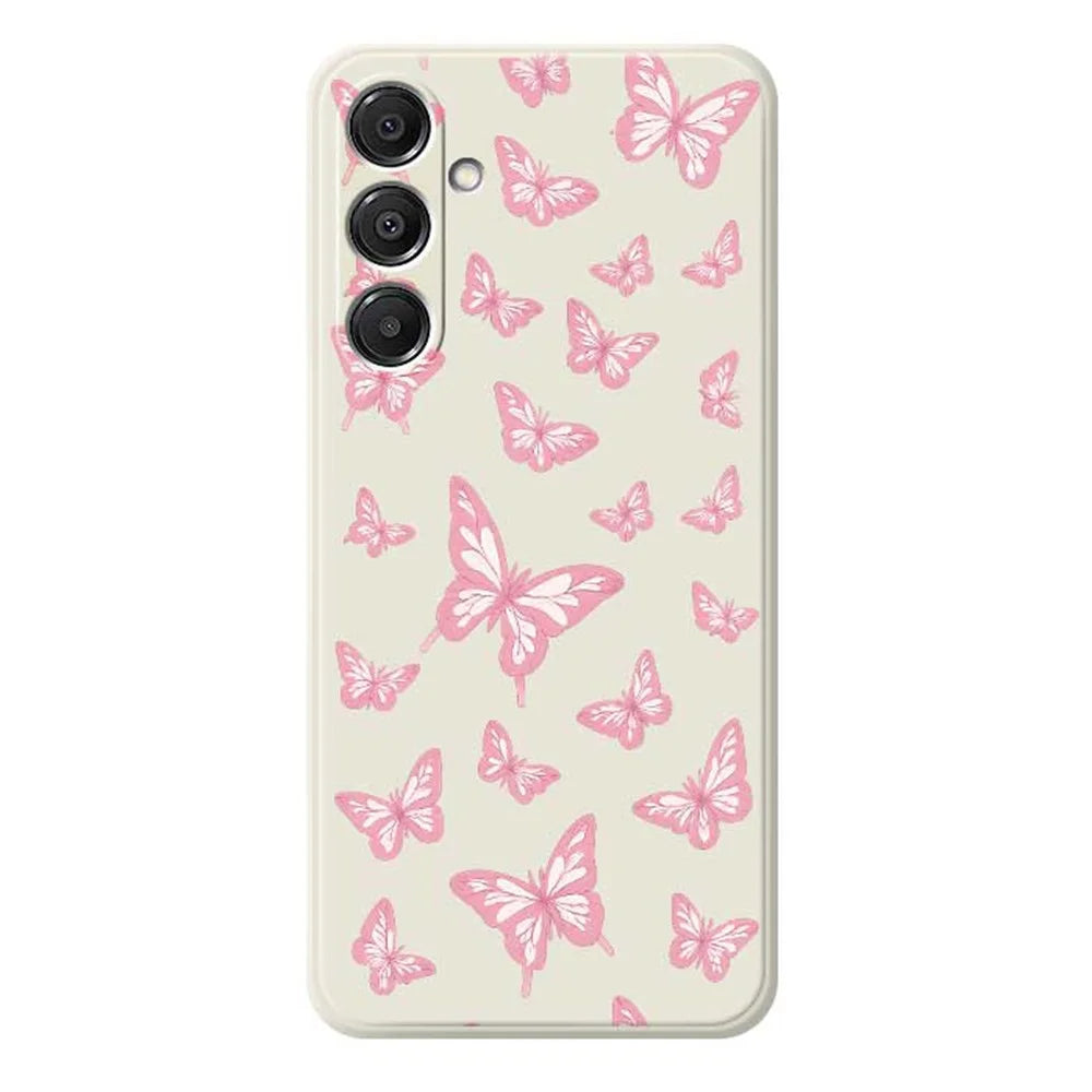 For Samsung Galaxy S26 Case Pink Butterflies Pattern Printing Straight Edge TPU Phone Back Cover - Beige - 1