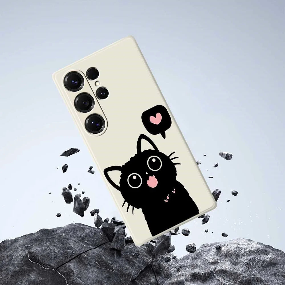 For Samsung Galaxy S26 Ultra Case Love Black Cat Pattern Printing Straight Edge TPU Phone Back Cover - Beige - 7