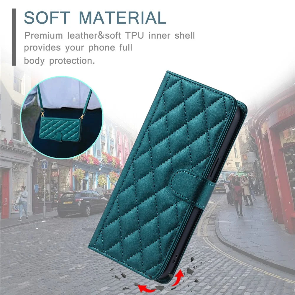 For Samsung Galaxy S26 Case Wallet Rhombus Grid PU Leather Phone Cover with Shoulder Strap  /  Wrist Strap - Green - 7