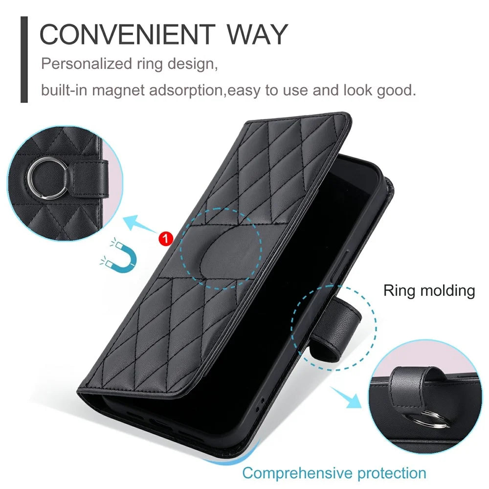 For Samsung Galaxy S26 Case Ring Buckle Wallet Stand Rhombus Crossbody Leather Mobile Cover - Black - 6