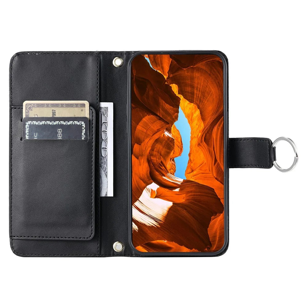 For Samsung Galaxy A37 5G Case Ring Buckle Wallet Stand Rhombus Crossbody Leather Mobile Cover - Black - 2