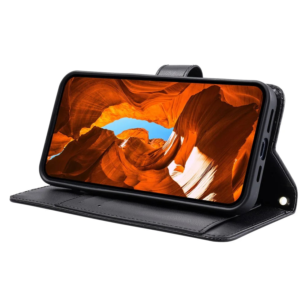 For Samsung Galaxy A37 5G Case Ring Buckle Wallet Stand Rhombus Crossbody Leather Mobile Cover - Black - 4