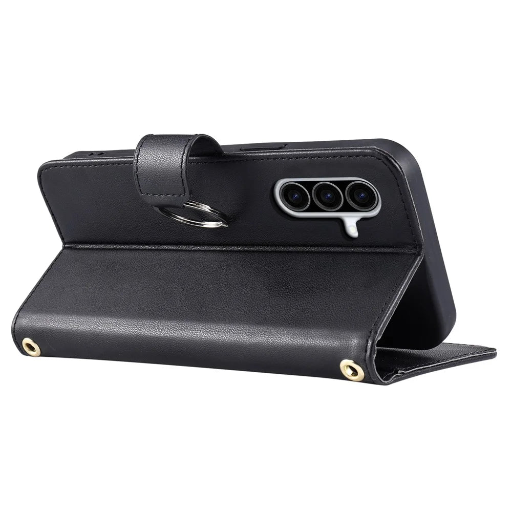 For Samsung Galaxy A37 5G Case Ring Buckle Wallet Stand Rhombus Crossbody Leather Mobile Cover - Black - 5