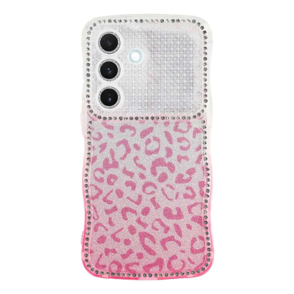 For Samsung Galaxy S26 Case Rhinestone Decor Wave Frame TPU Phone Cover with Leopard Print Glitter Card  /  Lens Film - Gradient Pink - 1