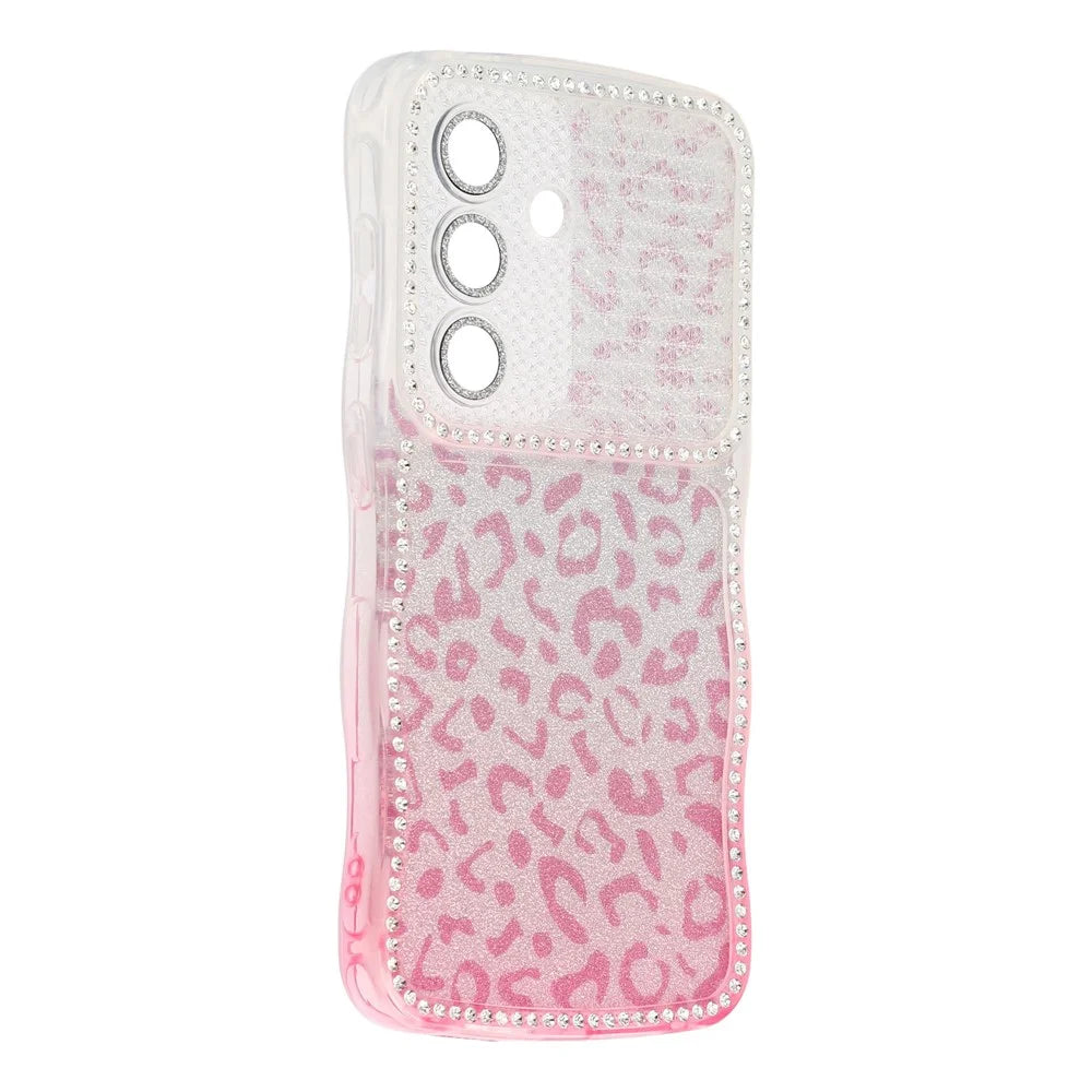 For Samsung Galaxy S26+ Case Rhinestone Decor Wave Frame TPU Phone Cover with Leopard Print Glitter Card  /  Lens Film - Gradient Pink - 3