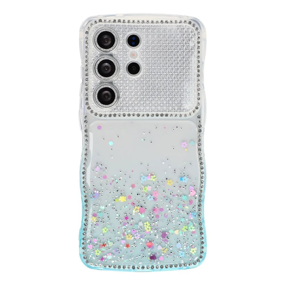 For Samsung Galaxy S26 Ultra Case Glitter Epoxy Design TPU Phone Cover with Sparkly Rhinestone Decor Wave Frame - Gradient Blue - 2