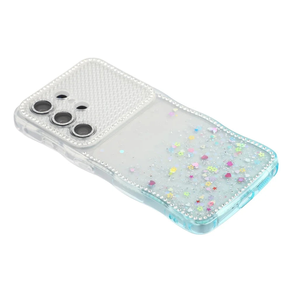 For Samsung Galaxy S26 Ultra Case Glitter Epoxy Design TPU Phone Cover with Sparkly Rhinestone Decor Wave Frame - Gradient Blue - 4
