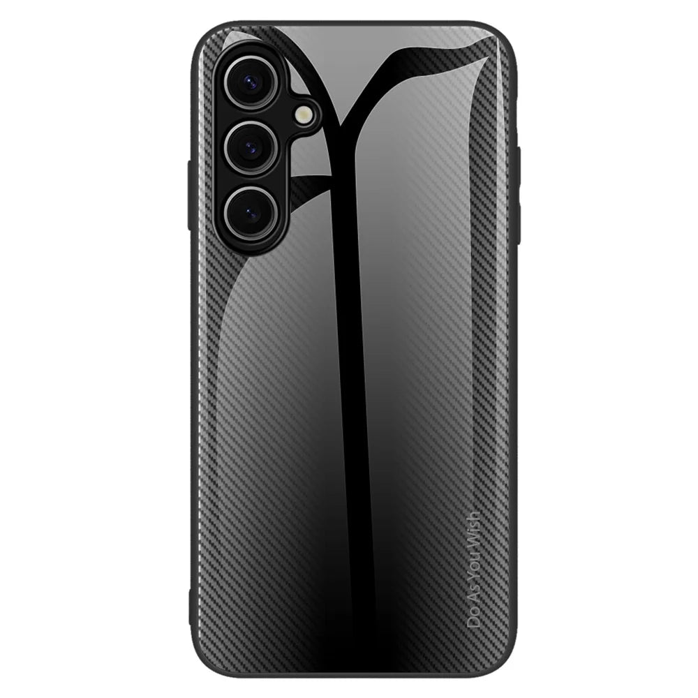 For Samsung Galaxy A57 5G Case Carbon Fiber Texture Tempered Glass+TPU Phone Cover - Black - 1