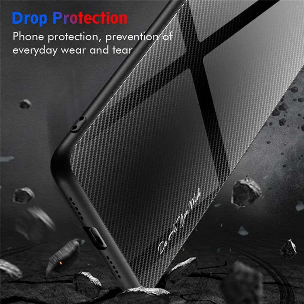 For Samsung Galaxy A57 5G Case Carbon Fiber Texture Tempered Glass+TPU Phone Cover - Black - 2