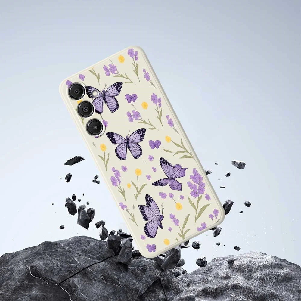 For Samsung Galaxy A57 5G Case Purple Butterflies Pattern Printing Straight Edge TPU Phone Back Cover - Beige - 6
