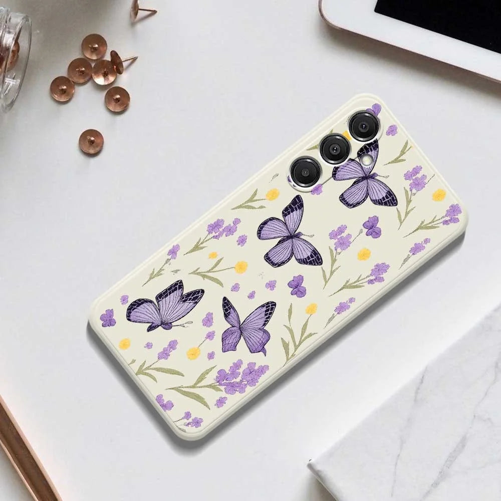 For Samsung Galaxy A57 5G Case Purple Butterflies Pattern Printing Straight Edge TPU Phone Back Cover - Beige - 7