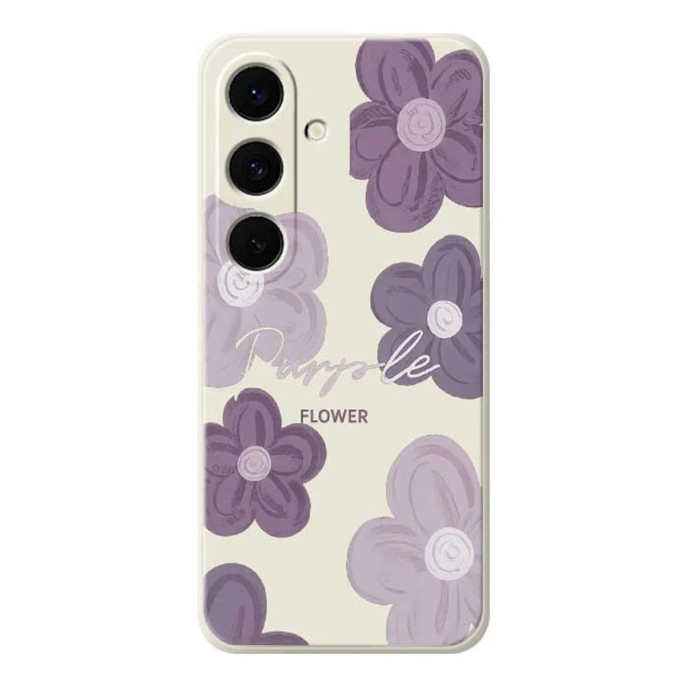 For Samsung Galaxy S26 Case Purple Flower Pattern Printing Straight Edge TPU Phone Back Cover - Beige - 1