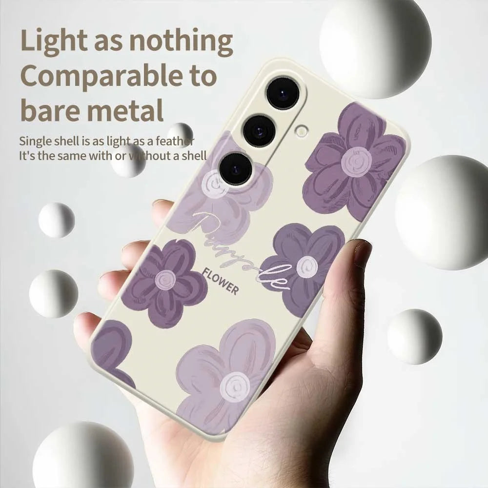 For Samsung Galaxy S26 Case Purple Flower Pattern Printing Straight Edge TPU Phone Back Cover - Beige - 4