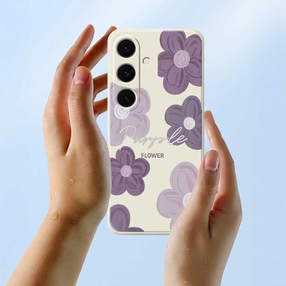 For Samsung Galaxy S26 Case Purple Flower Pattern Printing Straight Edge TPU Phone Back Cover - Beige - 5