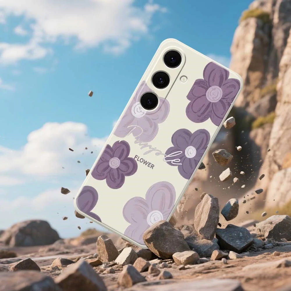 For Samsung Galaxy S26 Case Purple Flower Pattern Printing Straight Edge TPU Phone Back Cover - Beige - 6