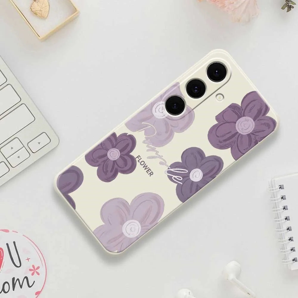 For Samsung Galaxy S26 Case Purple Flower Pattern Printing Straight Edge TPU Phone Back Cover - Beige - 7