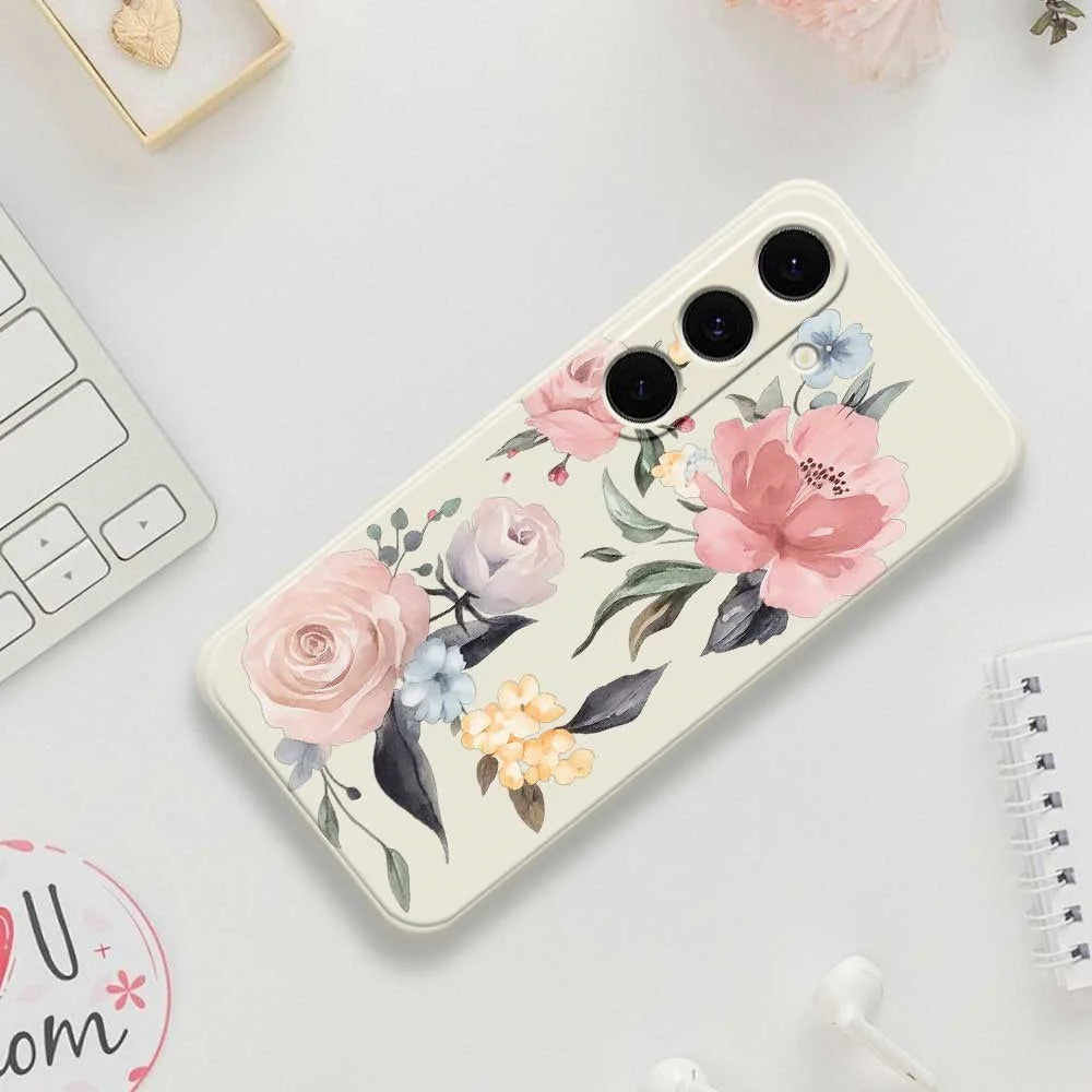 For Samsung Galaxy S26 Case Big Flowers Pattern Printing Straight Edge TPU Phone Back Cover - Beige - 7