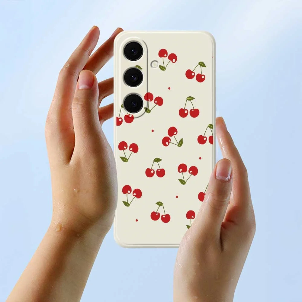 For Samsung Galaxy S26 Case Cherry Pattern Printing Straight Edge TPU Phone Back Cover - Beige - 5
