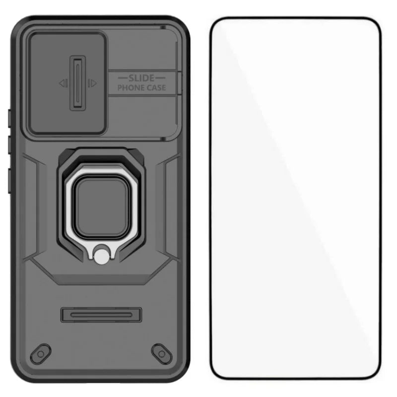 WANLONFENG For Honor 400 5G (Global) Case  ZDX Series PC TPU Kickstand Phone Back Case with Lens Cover + Tempered Glass - Black - 1
