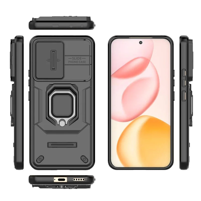 WANLONFENG For Honor 400 5G (Global) Case  ZDX Series PC TPU Kickstand Phone Back Case with Lens Cover + Tempered Glass - Black - 4