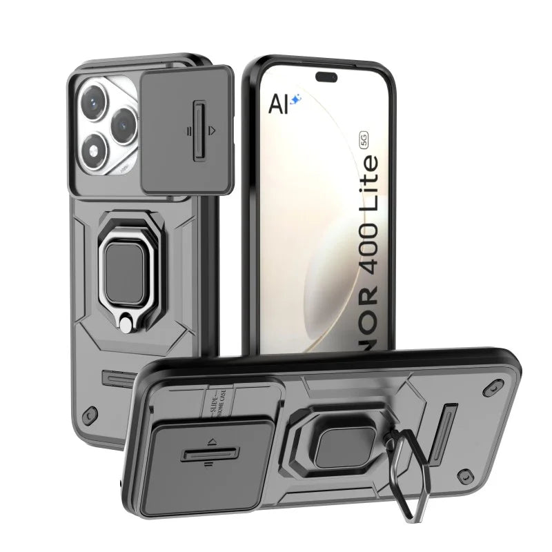 WANLONFENG For Honor 400 Lite 5G Case  ZDX Series PC TPU Kickstand Phone Back Case with Lens Cover + Tempered Glass - Black - 2