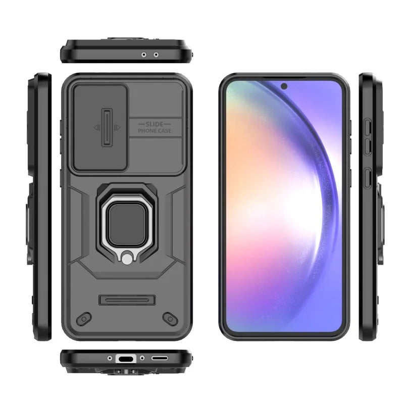 WANLONFENG For Samsung Galaxy A56 5G Case  ZDX Series PC TPU Kickstand Phone Back Case with Lens Cover + Tempered Glass - Black - 4