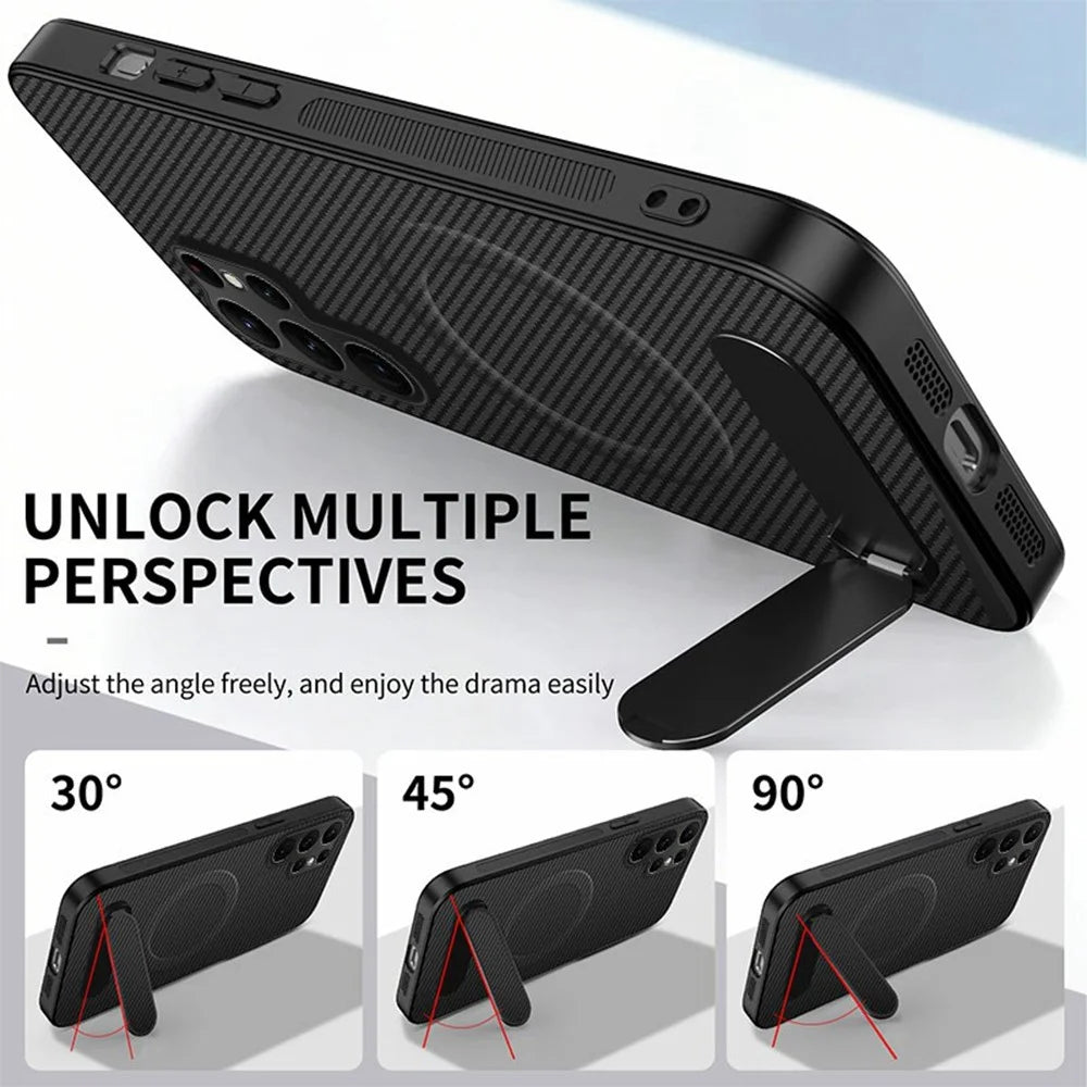 WANLONFENG QT Series For Samsung Galaxy S26 Ultra Magnetic Case Kickstand Carbon Fiber Texture PC TPU Phone Cover - Black - 4