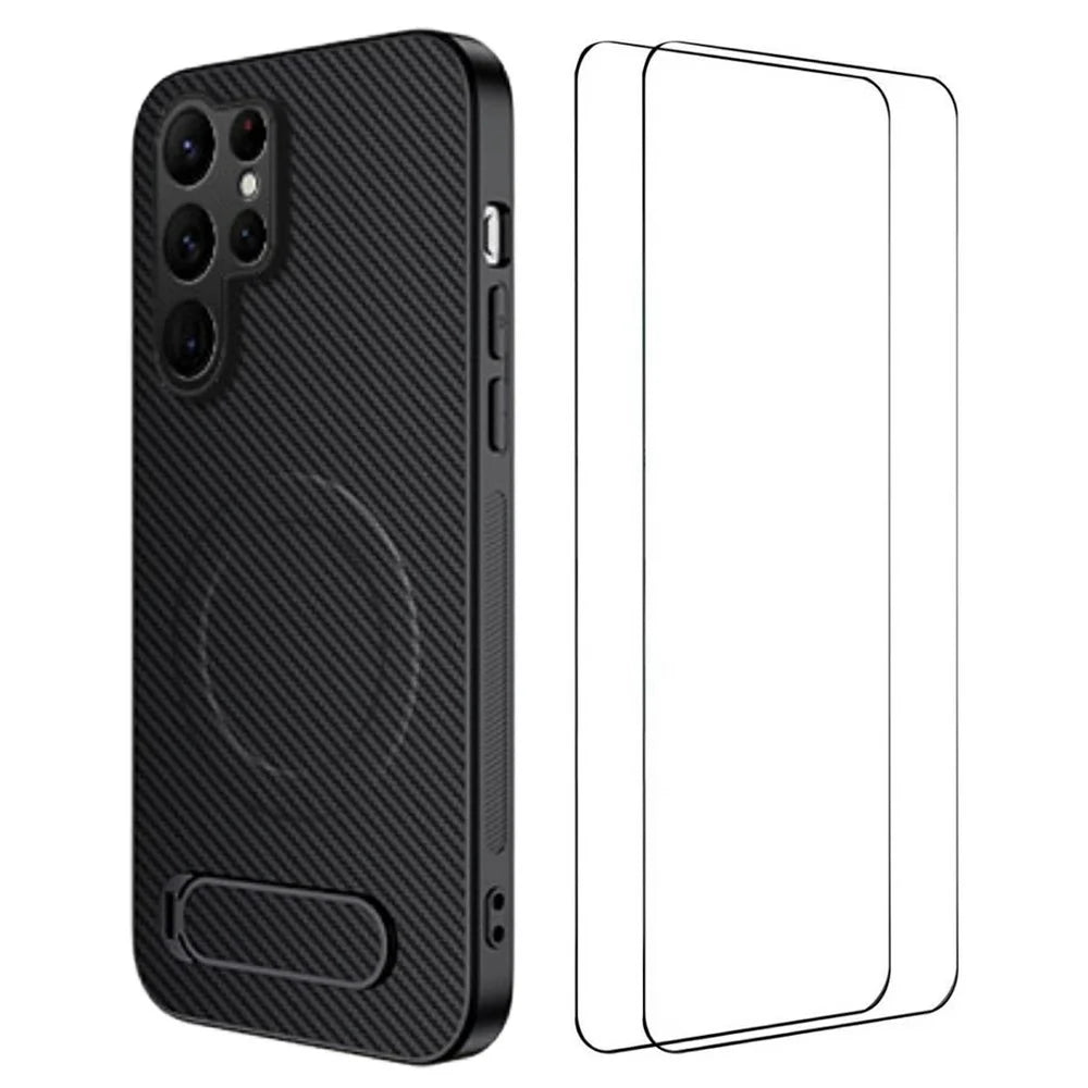 WANLONFENG QT1 Series For Samsung Galaxy S26 Ultra Magnetic Case Kickstand Carbon Fiber Texture PC TPU Phone Cover with 2Pcs Tempered Glass Films - Black - 1