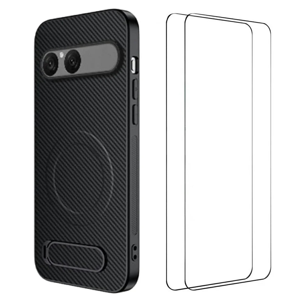 WANLONFENG QT1 Series For Sony Xperia 10 VII Magnetic Case Kickstand Carbon Fiber Texture PC TPU Phone Cover Large Cutouts with 2Pcs Tempered Glass Films - Black - 1