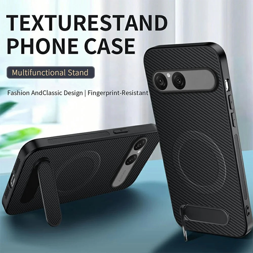 WANLONFENG QT1 Series For Sony Xperia 10 VII Magnetic Case Kickstand Carbon Fiber Texture PC TPU Phone Cover Large Cutouts with 2Pcs Tempered Glass Films - Black - 2