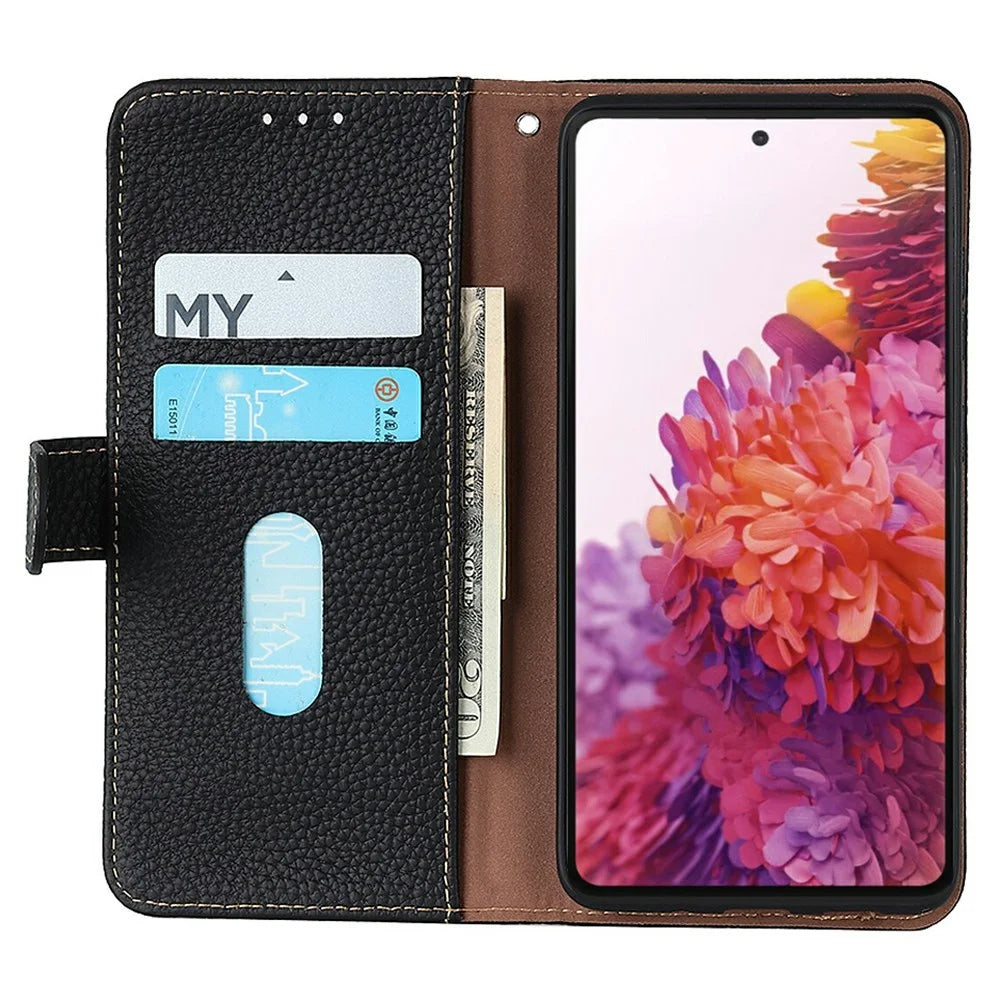 KHAZNEH For OnePlus Nord CE6 5G / Nord 6 5G / Turbo 6V 5G / Turbo 6 5G Wallet Case Litchi Texture Genuine Cow Leather Flip Phone Cover - Black - 3