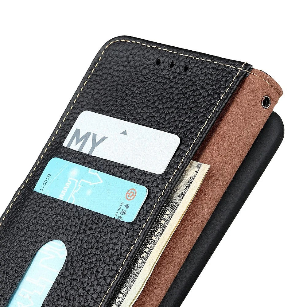 KHAZNEH For OnePlus Nord CE6 5G / Nord 6 5G / Turbo 6V 5G / Turbo 6 5G Wallet Case Litchi Texture Genuine Cow Leather Flip Phone Cover - Black - 5