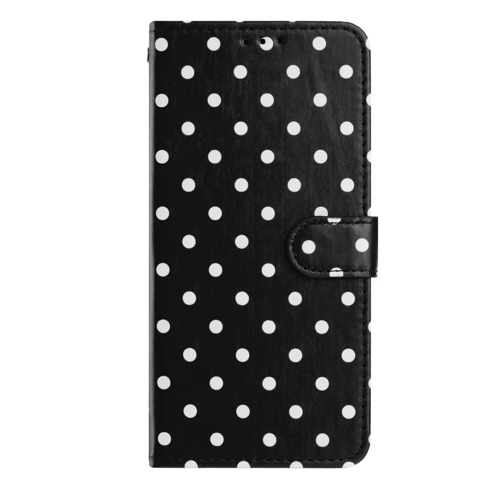 For iPhone 15 Leather Case Polka Dot Pattern Wallet Stand Folio Phone Cover - Black - 2
