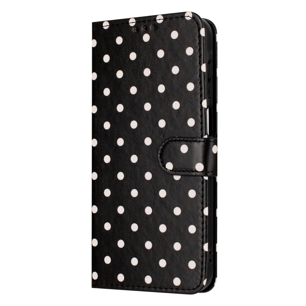 For iPhone 15 Leather Case Polka Dot Pattern Wallet Stand Folio Phone Cover - Black - 3