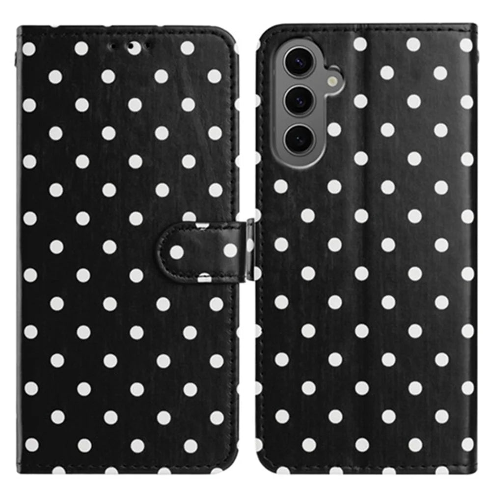 For Samsung Galaxy S24+ Leather Case Polka Dot Pattern Wallet Stand Folio Phone Cover - Black - 1