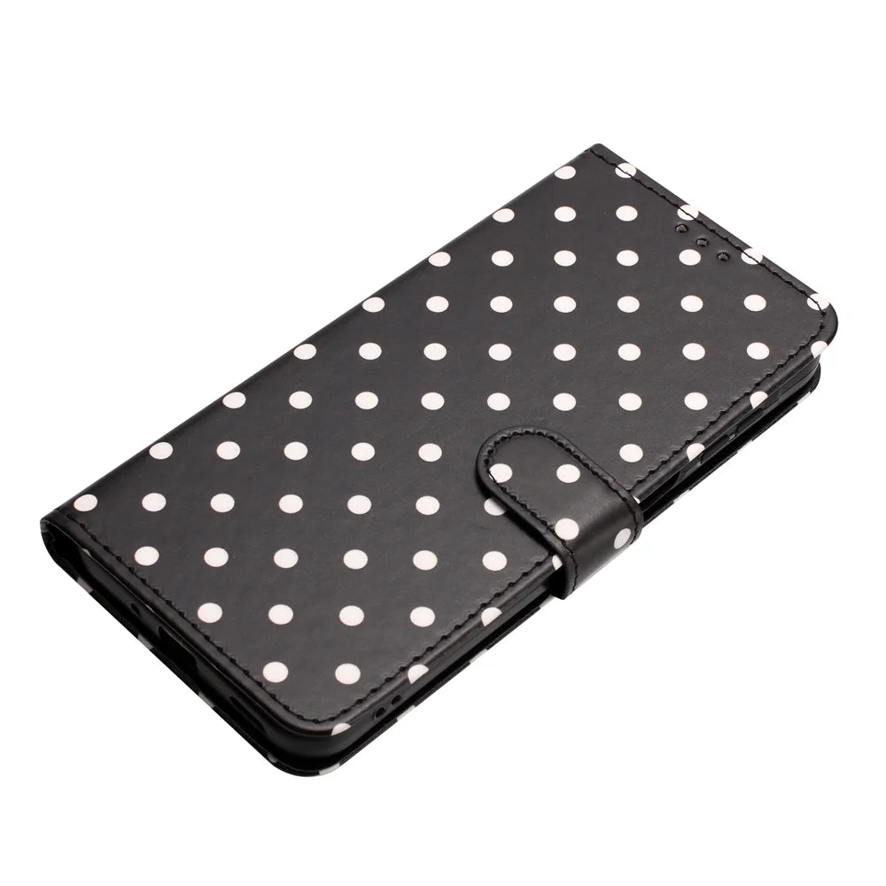 For Samsung Galaxy S24+ Leather Case Polka Dot Pattern Wallet Stand Folio Phone Cover - Black - 6
