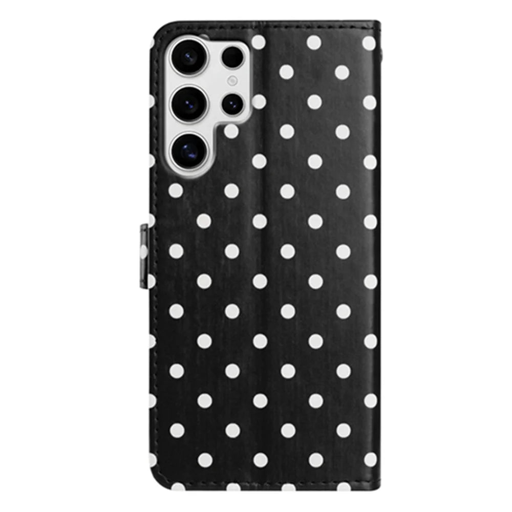 For Samsung Galaxy S24 Ultra Leather Case Polka Dot Pattern Wallet Stand Folio Phone Cover - Black - 2