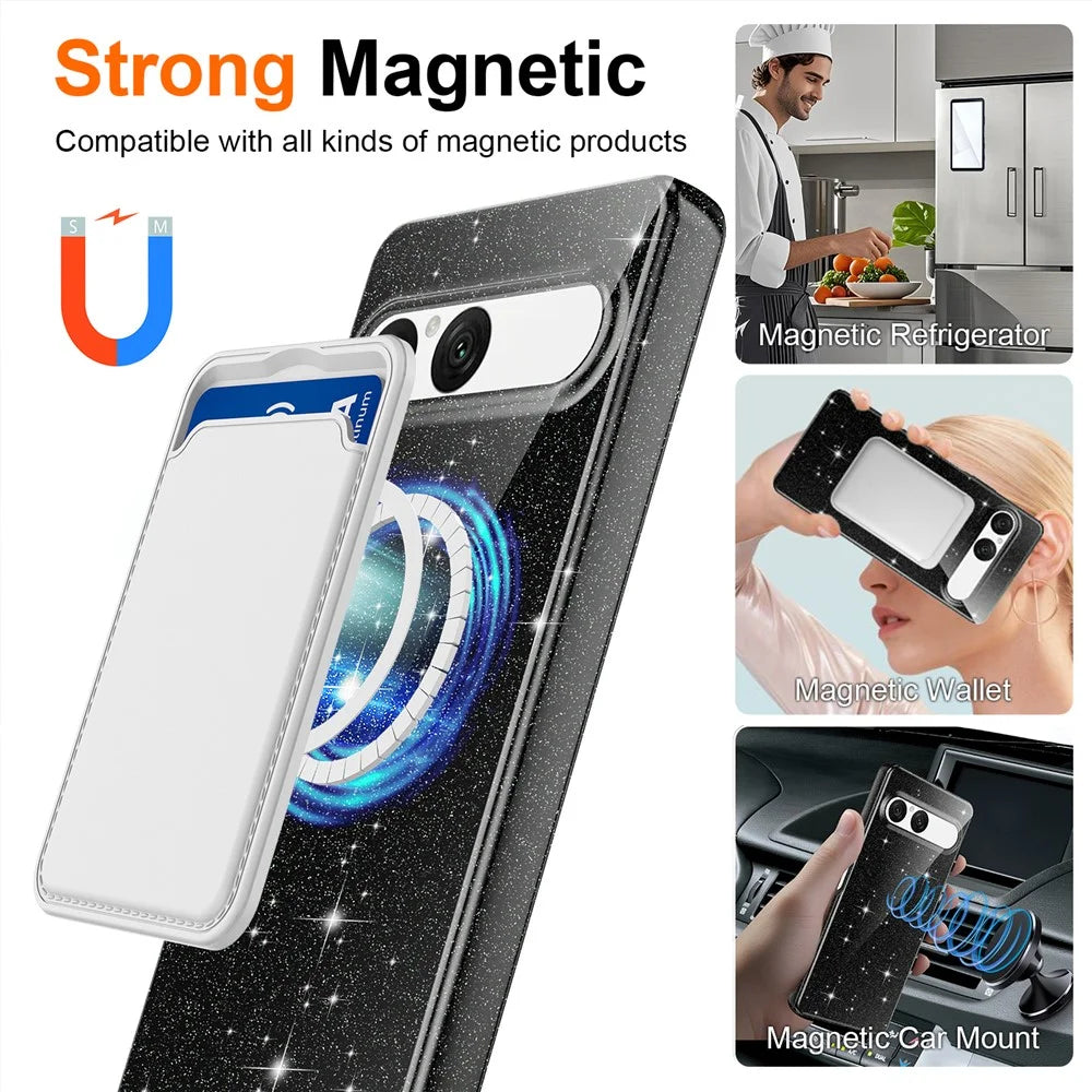 For Sony Xperia 10 VII Magnetic Case Glitter TPU Shockproof Phone Cover with Lanyard Compatible with MagSafe - Black - 3