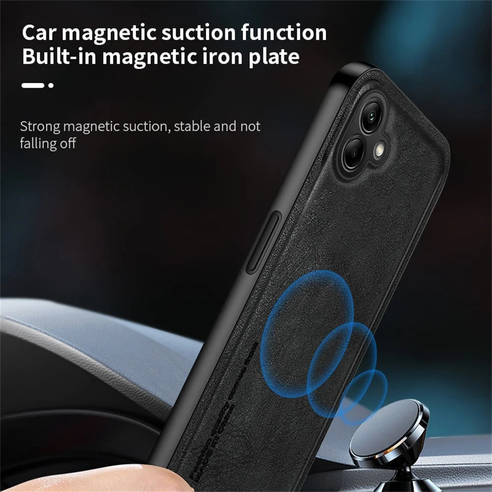 For Samsung Galaxy A08 5G / A08 4G / A07 4G Case Retro Texture Matte TPU + PU Leather Back Cover Support Magnetic Car Holder - Black - 7