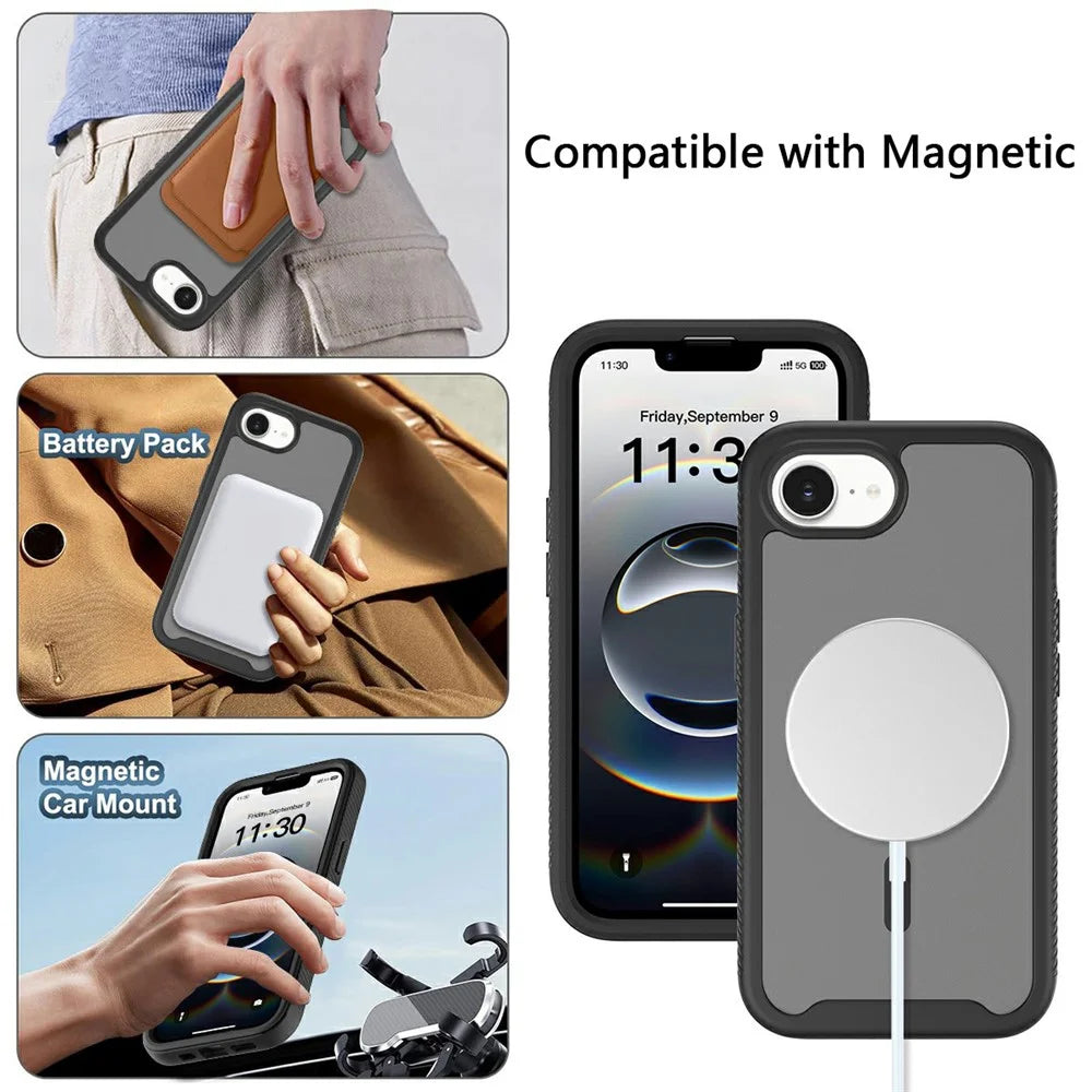 For iPhone 17e / 16e Magnetic Phone Case Detachable 2 in 1 Translucent Matte PC TPU Back Cover Compatible with MagSafe - Black - 6
