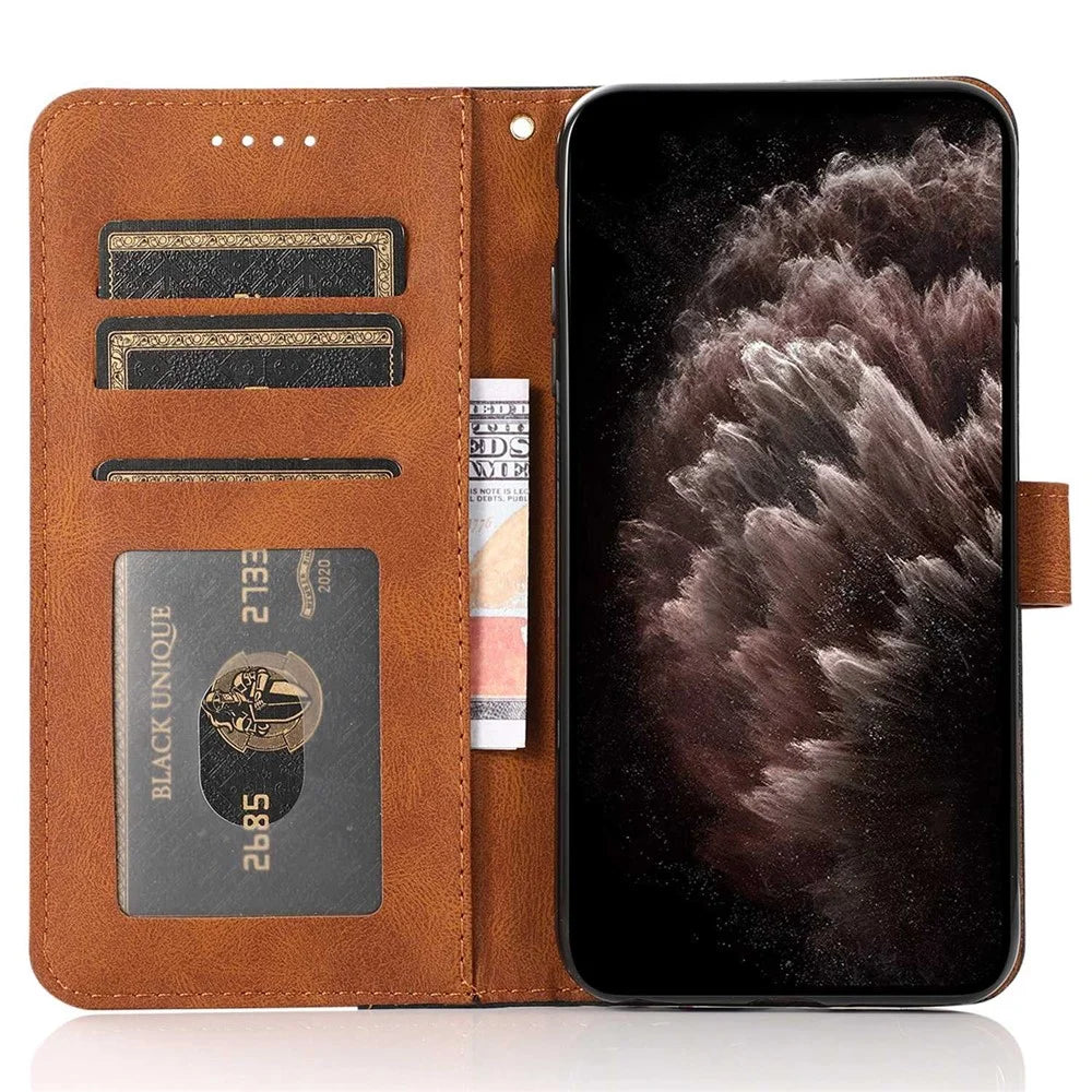 For Samsung Galaxy S23 Color Splicing PU Leather Phone Stand Case Magnetic Clasp Shockproof Wallet Cover with Wrist Strap - Black / Brown - 2