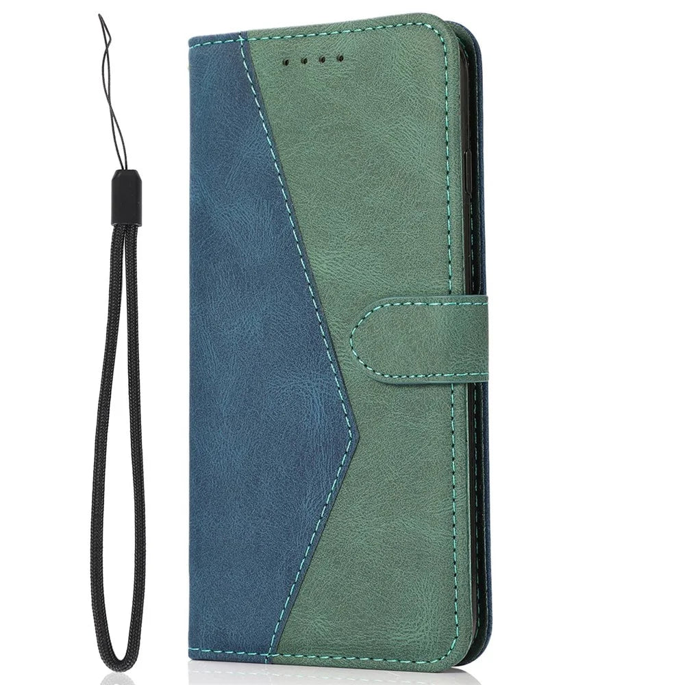 For Samsung Galaxy S23+ Anti-scratch Phone Stand Case Color Splicing PU Leather Folio Flip Wallet Cover with Wrist Strap - Blue / Green - 5