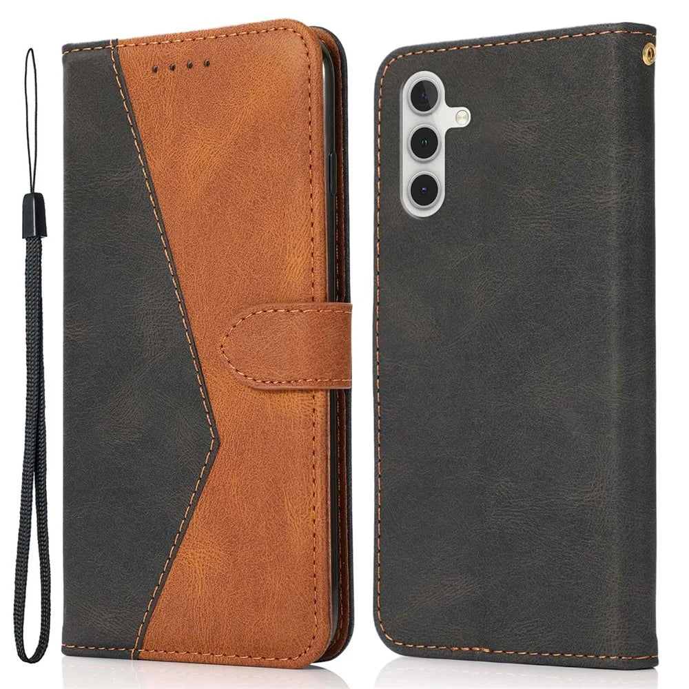 For Samsung Galaxy A14 5G Color Splicing PU Leather Full Protection Inner TPU Phone Case Wallet Stand Cover with Wrist Strap - Black / Brown - 1